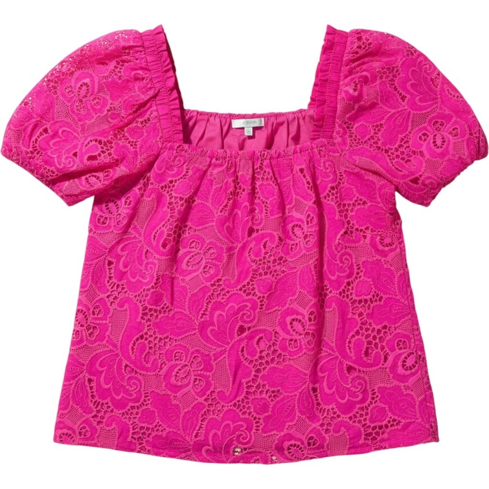 Jade Melody Tam Hot Pink Floral Lace Puff‎ Sleeve Square Neck Top XS